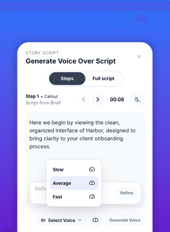 MaybeUndo voiceover script generator with voice selection and narration speed controls
