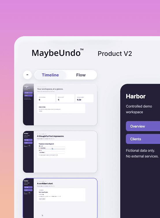 MaybeUndo interactive demo editor showing a timeline of Harbor product walkthrough scenes