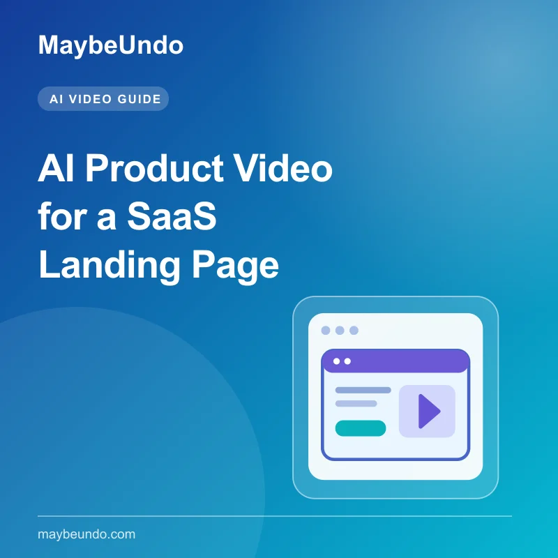 MaybeUndo guide graphic with a SaaS landing page mockup and an AI product video player