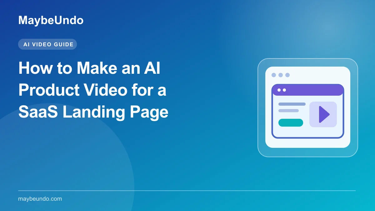 MaybeUndo guide graphic with a SaaS landing page mockup and an AI product video player