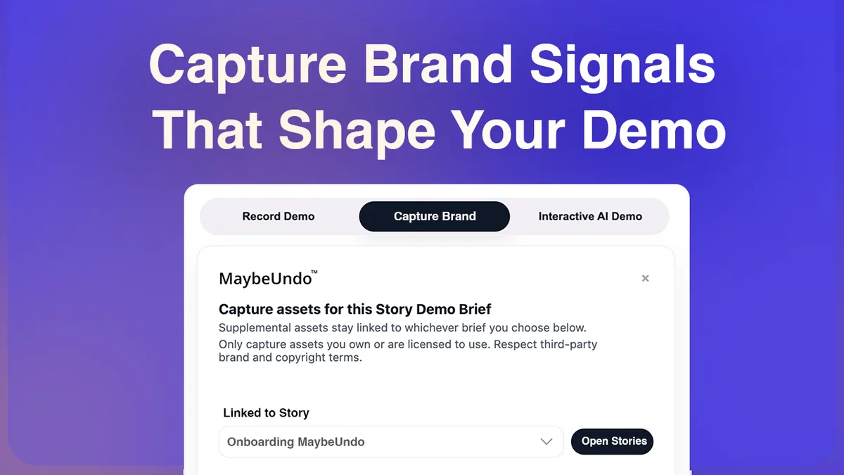 Product marketing demo asset guide showing product story inputs, brand notes, launch assets, and sales enablement reuse