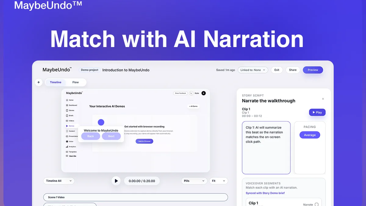 Product demo editor showing a focused workflow with callouts for value, proof, and next-step conversion