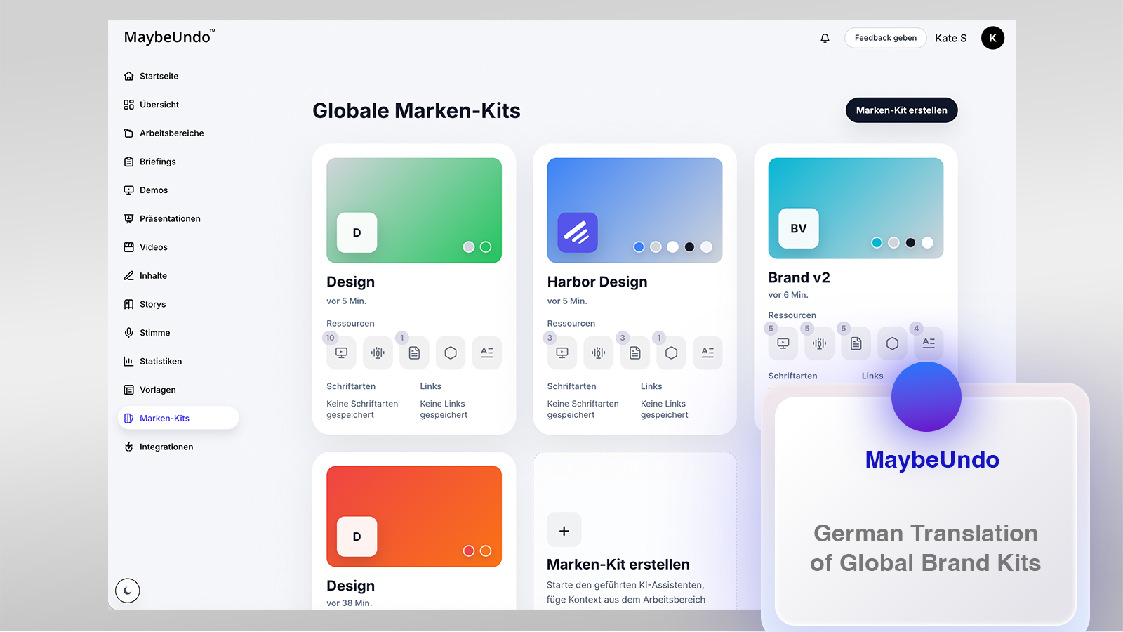 MaybeUndo Brand Kits dashboard localized into German with translated navigation and dashboard text
