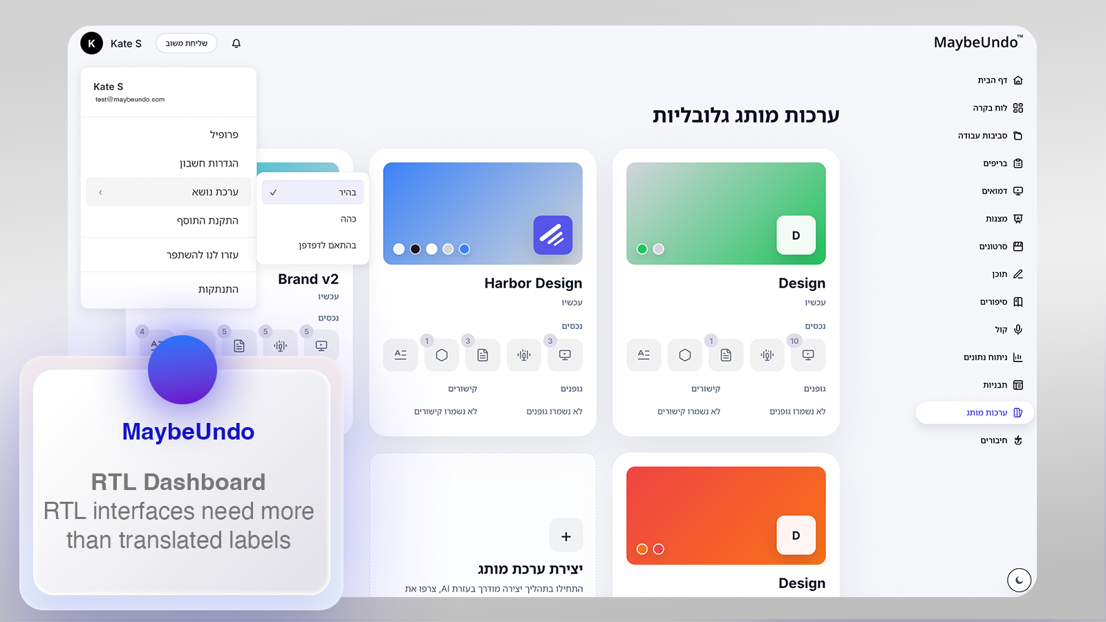 MaybeUndo Brand Kits dashboard shown in Hebrew with right-to-left interface layout
