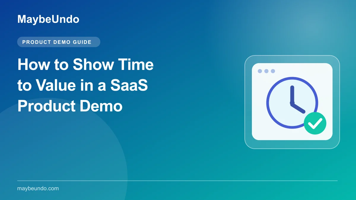 MaybeUndo guide graphic with a clock and checkmark illustrating a first useful SaaS product result